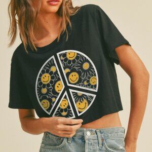 Smiley Face Flower Peace Sign Graphic Short Crop Tee - Black Ink